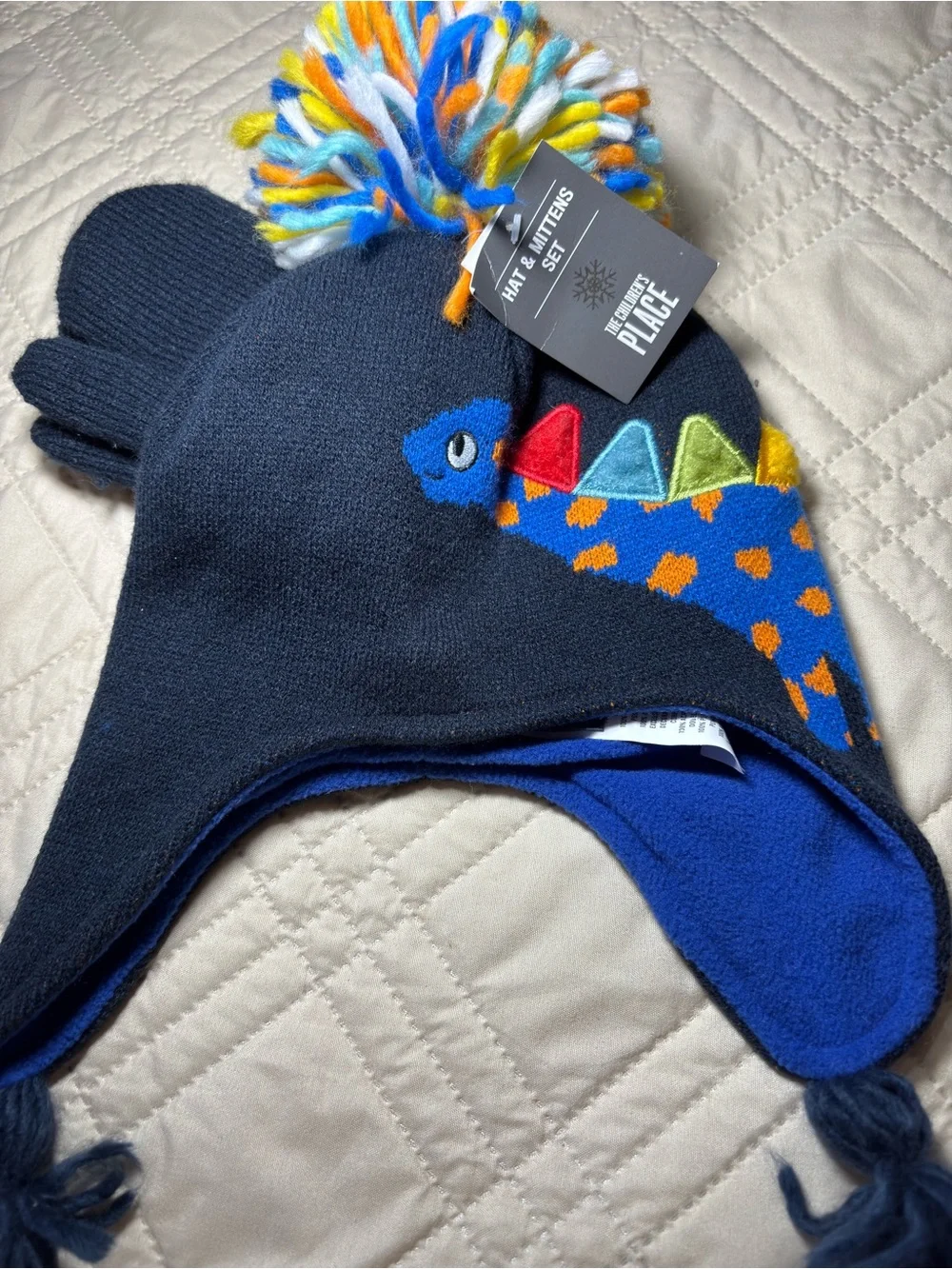 Children's Place 12-24M Navy Dino Pom-Pom Earflap Hat & Mitten Set